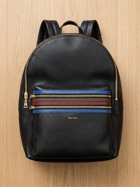 Paul Smith Black Leather Backpack with Multicolor Stripe Accents